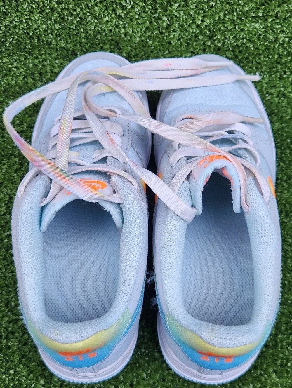 Nike Air Force 1 Big Kids Glacier Blue/Orange Leather Sneakers Size 4.5 Youth